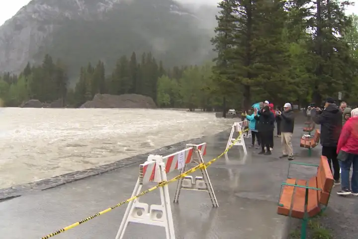 Bow River rising in Banff as snowpack melts, rain continues